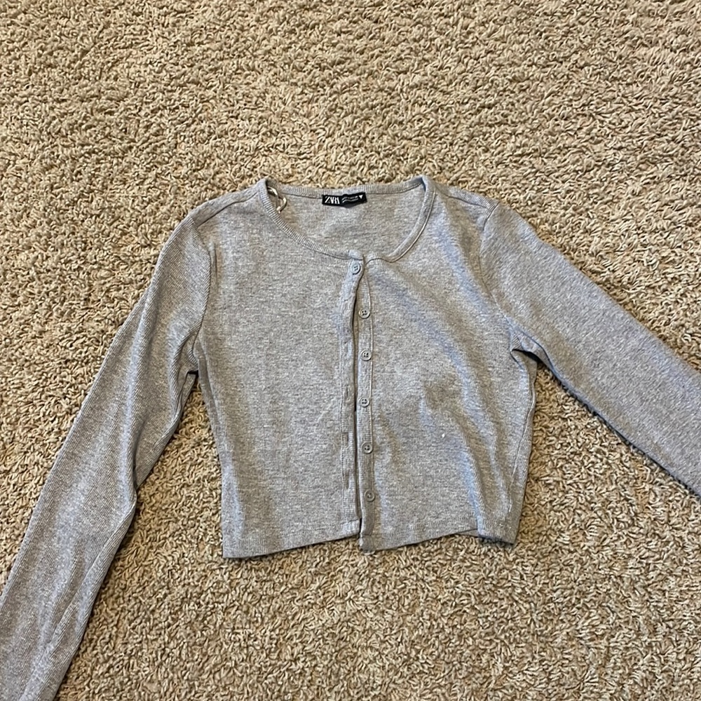 Grey Ribbed long sleeve button top